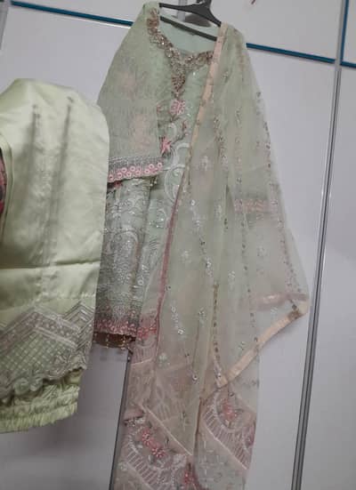 pista green 3 piece stitched luxury wear