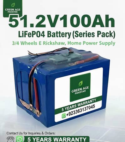 51.2V 100ah LiFePO4 battery 5 years warranty, Brand Green Age Pakistan