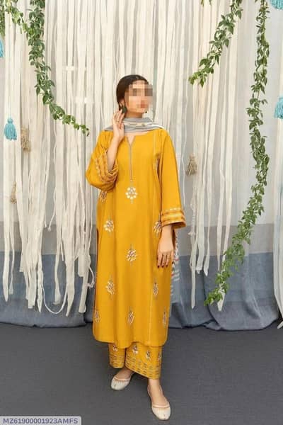 yellow embroidered 3 PCs woman suit