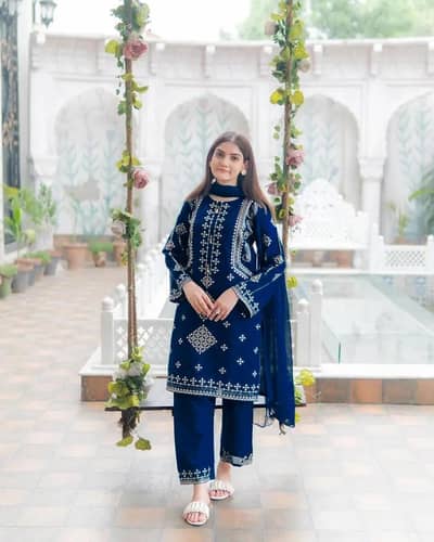 Blue sequins Embroidered womens cotton suit 3 pcs with chiffon duppata