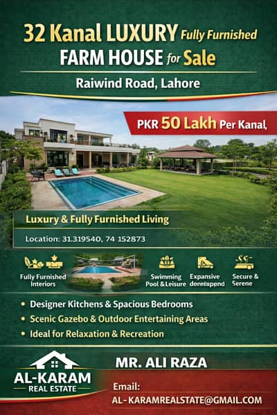 32 Kanal Luxury Fully Furnished Farm House for Sale on Raiwind Road, Lahore | PKR 50 Lakh per Kanal