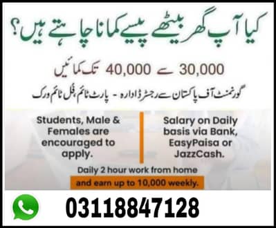 online job ,Work form home, part time job, online job available
