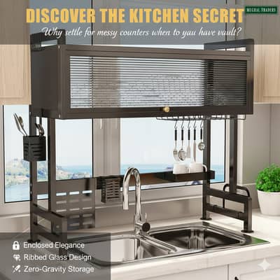 Over the Sink Dish Rack Stainless Steel Dust-proof Kitchen Organizer