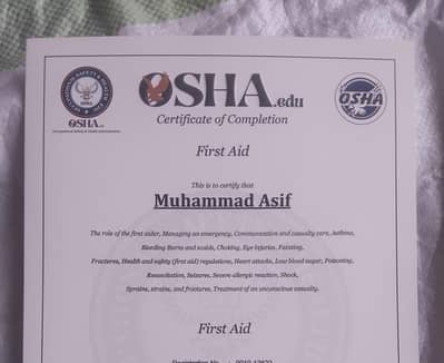 First aid  certificate/diploma from OSHA(USA) Asif named men no age li