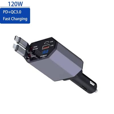 4 in 1 Retractable Car Fast Charger 120W  4 in 1- Without Getting Hot