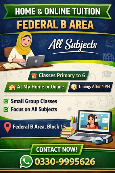 Home based and online tutor- primary to class 6- FB area block 15