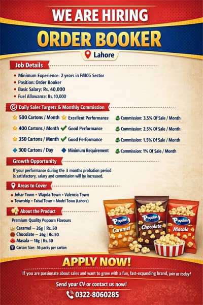 WE ARE HIRING ORDER BOOKER (Salary + Fuel + Commssion On Sales)