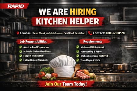Kitchen Helper Jobs || Male || Jobs in Faisalabad