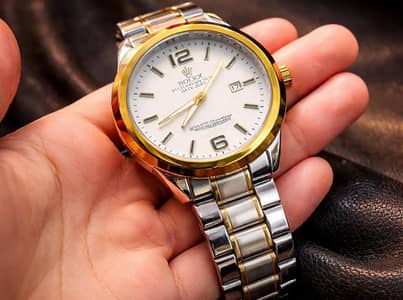 Luxury Two-Tone Stainless Steal Watch – Gold Bezel White Dial Elegant