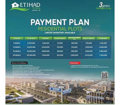 5 Marla residential plot for sale on easy installment plan in Etihad town phase 3  incredible location with a huge commercial zone & secure investment.