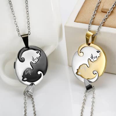 Imported Cute cat couple necklace black and white stainless steel