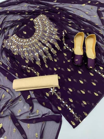 Purple chiffon mirror boti work 4 pcs suit with khussa free delivery