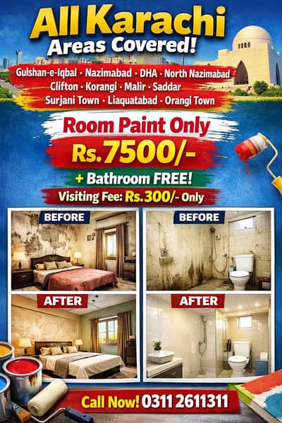 Karachi Paint Service | Room Paint 7500 | Bathroom Free