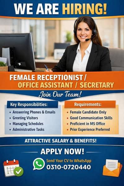 Female Receptionist/Office assistant/and other staff
