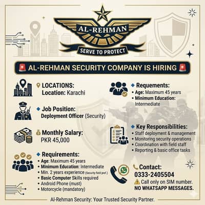 Security Jobs Karachi | Deployment Officer Required | 45,000 Salary |