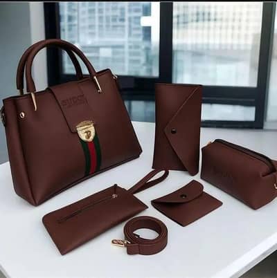 Women's Leather Handbag 5Pcs Set Safety Lock Maroon Brown Black Beige