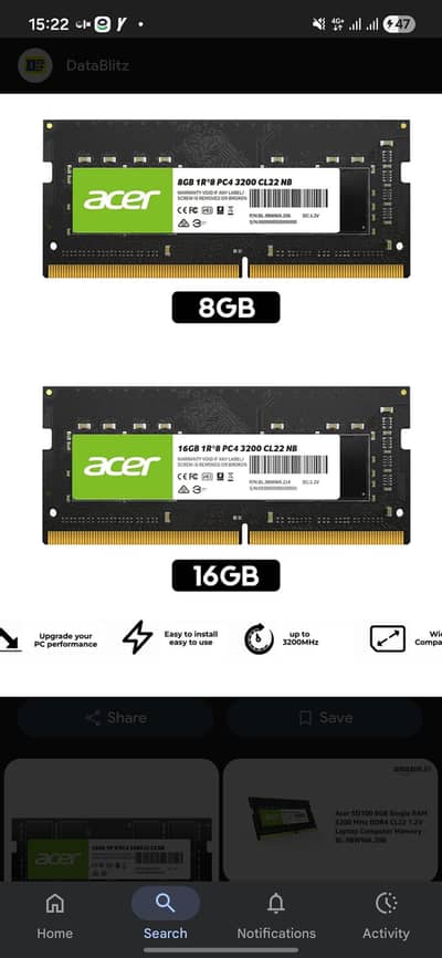 Acer SD100 16GB DDR4 3200 Laptop RAM Like New