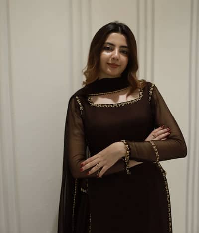 Dark Brown Embellished Long Kurta With Gharara & Dupatta - Brand New