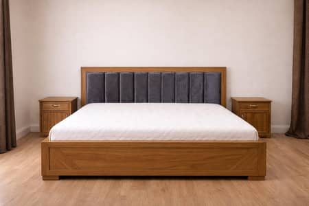 wooden bed with two side tables