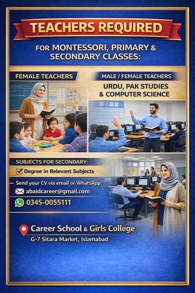 Required Male & Female teacher for Urdu ,Pak Studies Computer Science