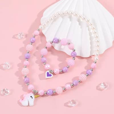 Korean Unicorn Necklace Bracelet Set Resin Pendant + Acrylic