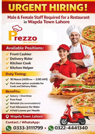 Restaurant Staff Hiring, Fast food cook, Helper, Cashier, Rider, OT