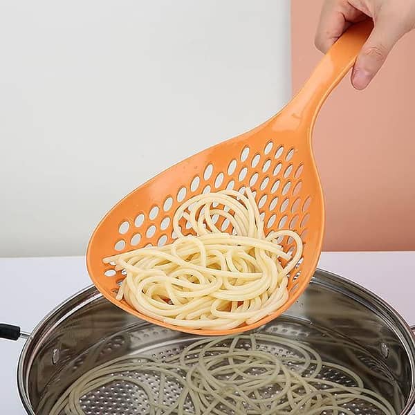 Plastic Slotted Spoon Skimmer – Heat Resistant Strainer Ladle for Cooking & Frying | Oil Draining Kitchen Spoon with Hanging Hook (Orange)