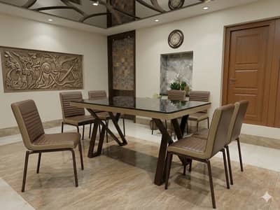 Modern Glass Top Dining Table + 4 Chairs – Geometric Base