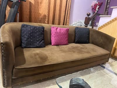 Stylish 3+2 Sofa Set (Brown Suede/Velvet) – Well Maintained