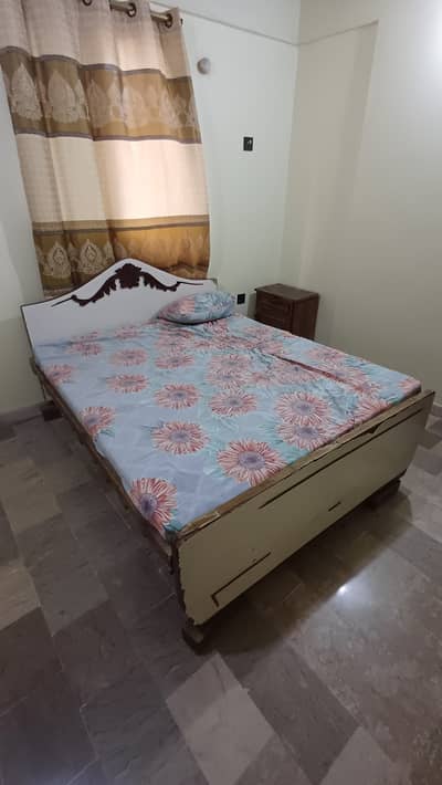 Wooden Double bed with mattress and side table