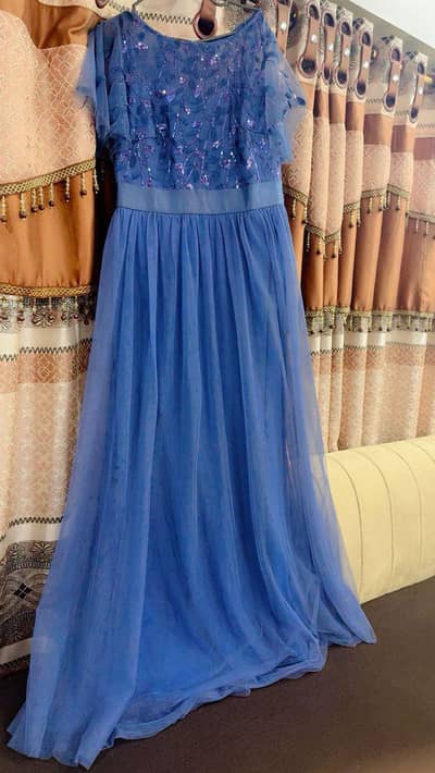 “Elegant Blue Net Maxi Dress – Party / Wedding Wear – Like New