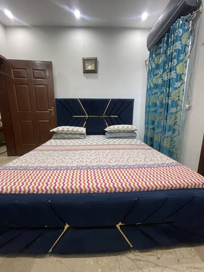 Royal blue bed set with mattress and 2 side tables