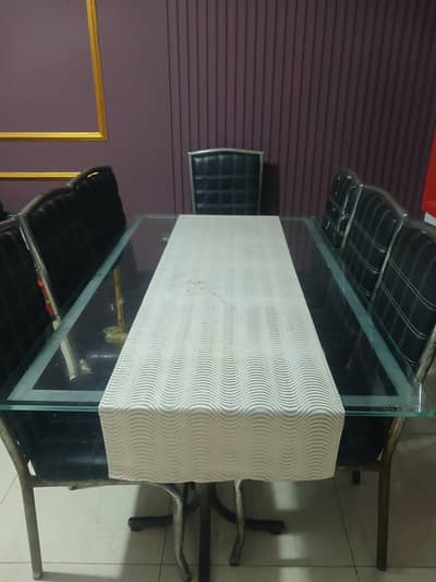 8 Seater Dining Table | Glass Top | Metal Chairs