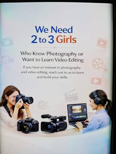 I need Female Staff for  ( photographer and video editing  )