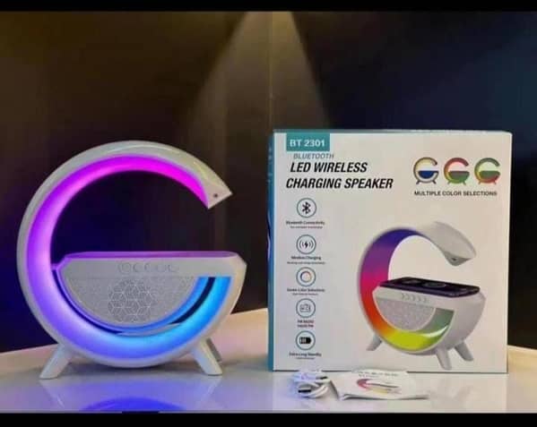 5-in-1 Smart G-Type RGB Night Light Bluetooth Speaker with 15W Wireless Charger, FM Radio, and Multiple Playback Modes (Aux/TF/USB)