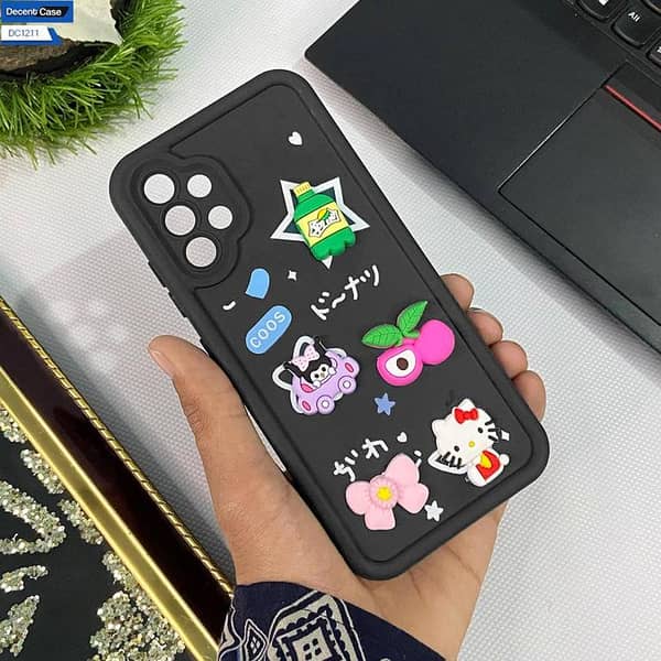 Soft Silicone Girls Case for Samsung Galaxy A32 - Black with 3D Kitty & Bow Design