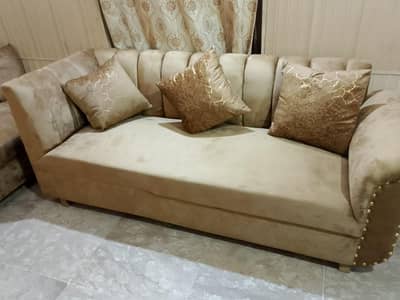 new sofa L shape 10 years warranty 6 seater color golden brown /