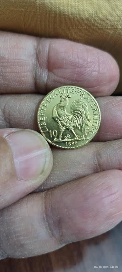 French 1899 Marianne Rooster Gold Plated Antiq Coin, Rare & Old Coin