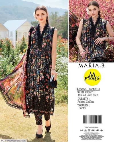 Maria B. Design 3-Piece Printed Lawn Suit - Black Floral with Chiffon