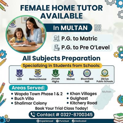Female Home tutor Available / Home tutor / online tutor  in Multan