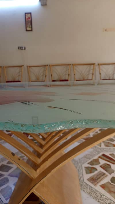 Dining Table Set – Metal Frame (Wood Finish) + Glass Top