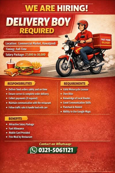 Delivery Boy Required for Fast Food Resturant / Rawalpindi  /Full-Time
