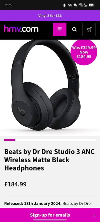 Beats by Dr Dre Studio 3 ANC Wireless Black Headphones  0333 3198 793