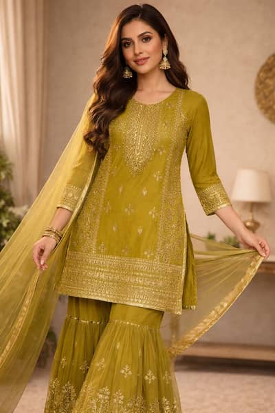 Elegant Olive Green Embroidered Suit (Garara Set)