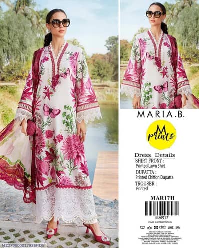 3 Pcs Women printed Lawn suit Pink party wear