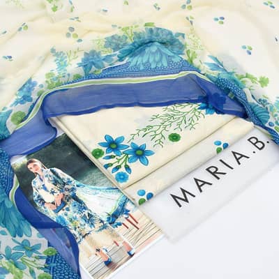 3 Pcs Women printed Lawn suit blue party wear