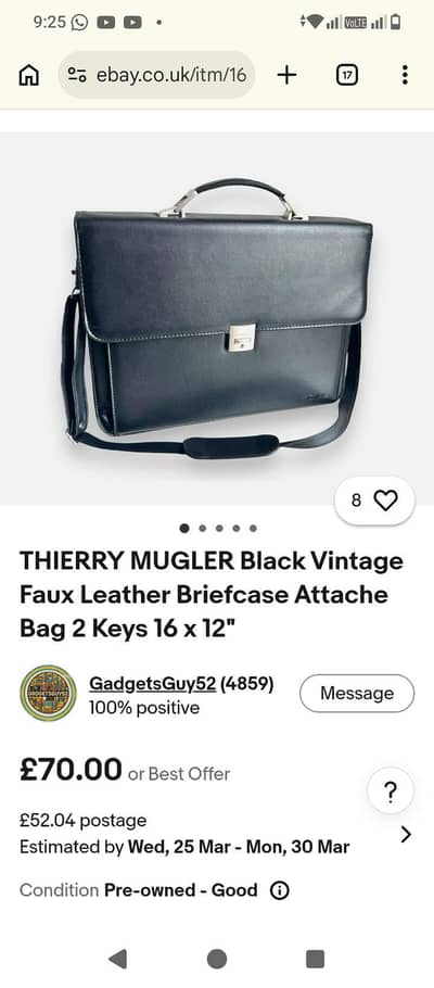 Black Vintage Faux Leather Briefcase Attache Bag 2 Keys 16 x 12"