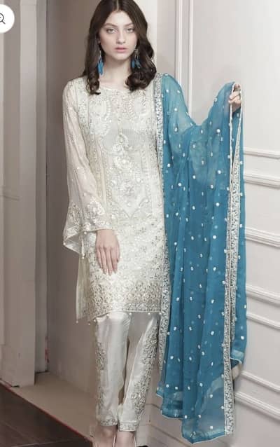 White Embroidered Unstitched 3 Piece Chiffon Party Wear