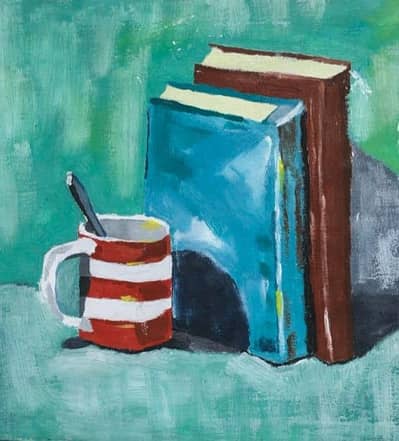 cup and books aesthetic painting 