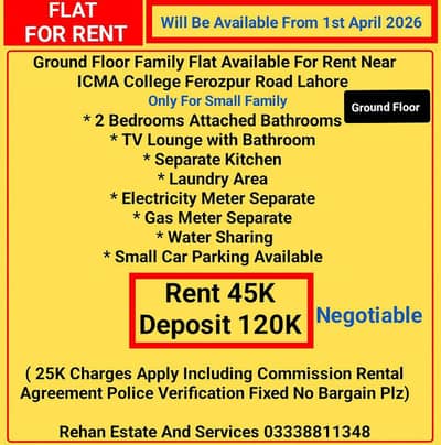 Ground Floor Family Flat For Rent Near ICMA College Qartaba Chowk  LHR